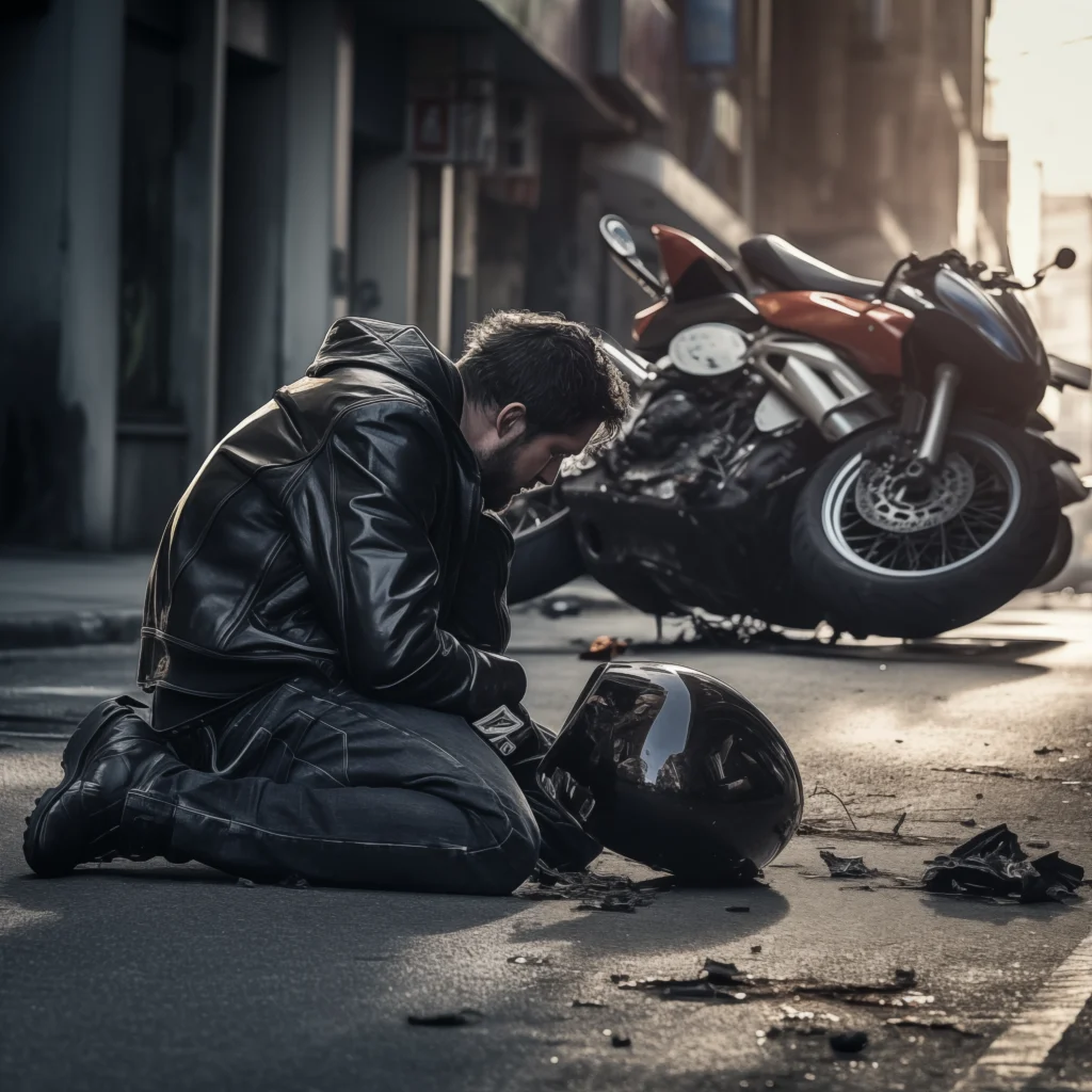 Man with a motorcycle fallen while parking