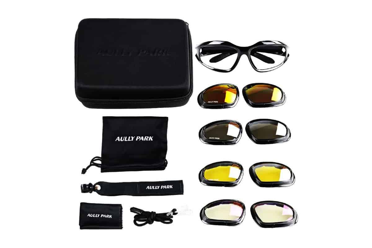 what comes with AULLY PARK Polarized Motorcycle Riding Glasses